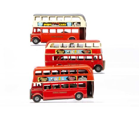 Tri-ang Minic Tinplate Post-War 60M Double Decker Buses, three examples, first clockwork, red body, cream upper windows, 'Bov