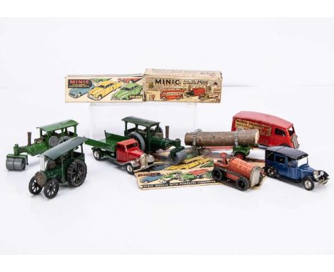 Tri-ang Minic Tinplate Clockwork Toys, including 35M Post-War Taxi Cab, 11M Tractor, 44M Traction Engine, 103M Shutter Van, 7