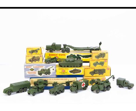 Boxed Military Dinky Toys, 660 Tank Transporter, 651 Centurion Tank, 661 Recovery Tractor, 697 25-Pounder Field Gun Set, 674 