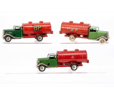 Tri-ang Minic Tinplate Clockwork 15M Petrol Tankers, three examples, first pre-war, green cab, petrol can, red tank, 'Shell' 