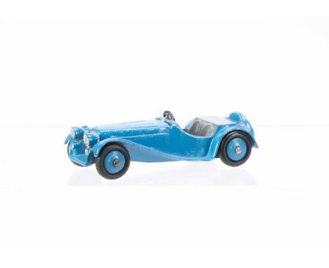 A Dinky Toys 38f Jaguar SS100, light blue body and hubs, light grey seats, VG