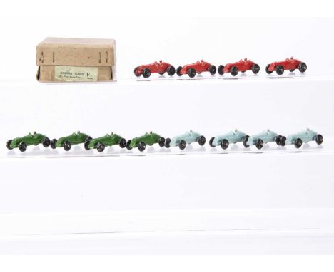 A Trade Box Of Twelve Midget Racing Cars, lead slush cast copies of the Dinky Toys 35b Midget Racer, in three colours, green,
