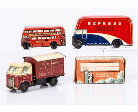 British Tinplate Clockwork Toys, Wells Stop-Go-Ring Mechanical Bus 9/517, in original garage type box, with loose Chad Valley
