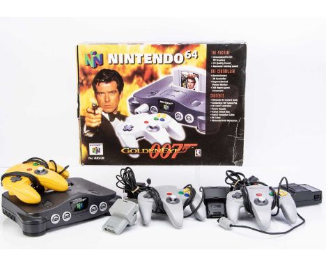 Nintendo N64 Games Console, with Power Supply, Modulator and RF Cable, three controllers, two unofficial Rumble Packs and ins