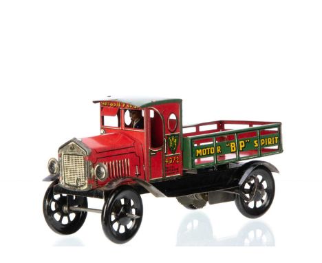A Scarce 1920's Wells O' London Tinplate Clockwork Model Delivery Lorry, detailed tinprinted body in red and green with 'Moto