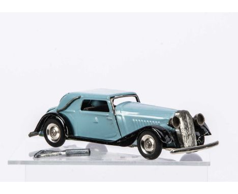 A Tri-ang Minic Tinplate Clockwork Post-War 19M Vauxhall Cabriolet, light blue body, green baseplate, tinplate wheels, with k