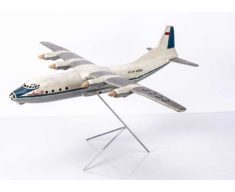A Large 1960's Wooden Antonov An-12 Transport Aircraft Display Model, on tripod stand, 'CCCP 46715' registration to wing, app