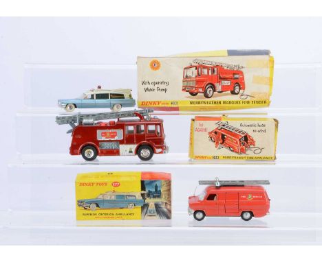 Dinky Toy Emergency Service Vehicles, 277 Superior Criterion Ambulance, 286 Ford Transit Fire Appliance, 285 Merryweather Mar