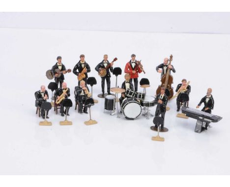 12 pce modern Dance Band complete with accessories, standard 'Britains' 54mm scale loose figures, VG,