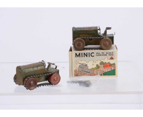 Tri-ang Minic Tinplate Clockwork Pre-War 11M CF Army Tractors, two examples, first camouflage body, red wooden wheels, black 