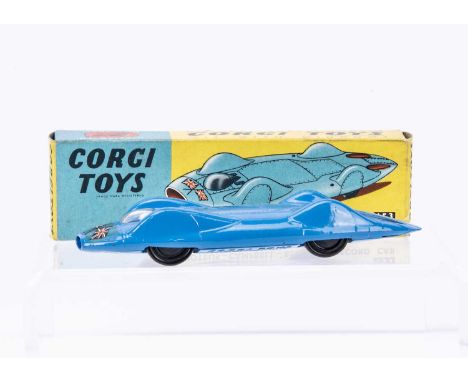 A Corgi Toys 153 Proteus Campbell Bluebird Record Car, blue body, two Union Jacks on nose, black plastic wheels, in original 