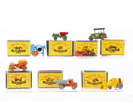 Matchbox Lesney 1-75 Series Construction Vehicles, 1a Diesel Road Roller, 2a Muir Hill Site Dumper, 3a Cement Mixer, 6a Quarr