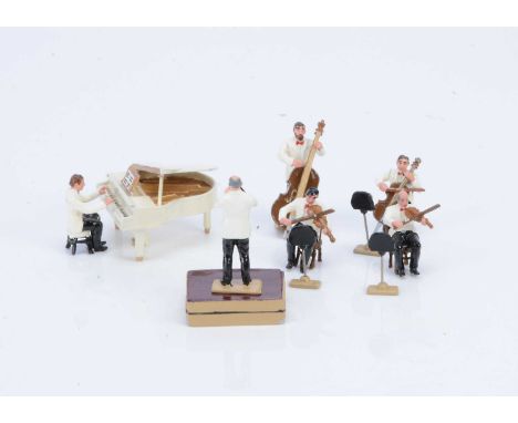 6 piece Dance Band, with instruments and accessories, standard 'Britains' 54mm scale loose figures, VG,