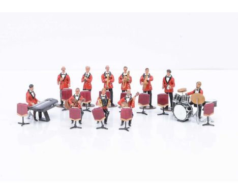 11 pce modern Dance Band in red evening jackets complete with all accessories, standard 'Britains' 54mm scale loose figures, 