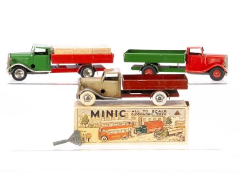 Tri-ang Minic Tinplate Clockwork Post-War 25M Delivery Lorry With Cases, green cab, red back, sealed set of six wooden cases,