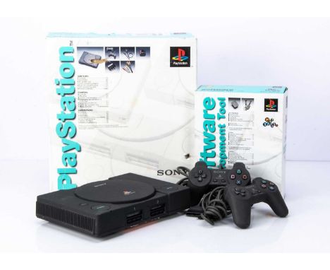 A Sony PlayStation PS1 Net Yaroze Software Development Console DTL-H3002, black PS1 console in original box with two controll