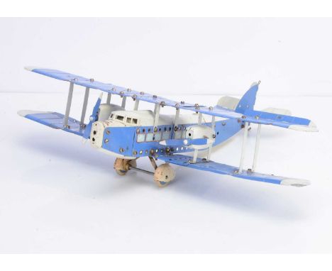 An unboxed built Meccano Airplane Constructor No 1 Special double engine Bi-Plane Air Liner, in blue and white, F-G, general 