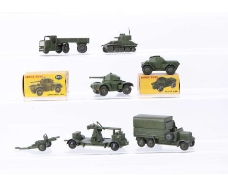 Military Dinky Toys, 670 Armoured Car, 673 Scout Car, in original boxes, with loose 161b Anti-Aircraft Gun, unusually has bla