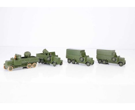 Pre & Post-War Dinky Toys 6-Wheel Wagons, 161a Searchlight On Lorry, two examples, both pre-war in military green with smooth