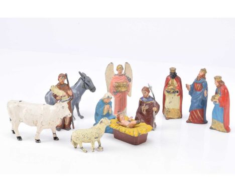 A 65mm scale hollow cast lead Nativity scene, possibly 1950s French, donkey and sheep missing limbs, otherwise G with only mi