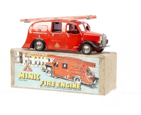 A Tri-ang Minic Tinplate Clockwork Post-War 62M Fire Engine, red body, black wings, brass bell, two red plastic ladders, tinp