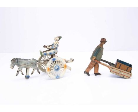 Early Tinplate Praeger (Germany) Clown On Donkey Cart, hand painted toy with plunger type mechanism, with Marke Stock 'Jim Th