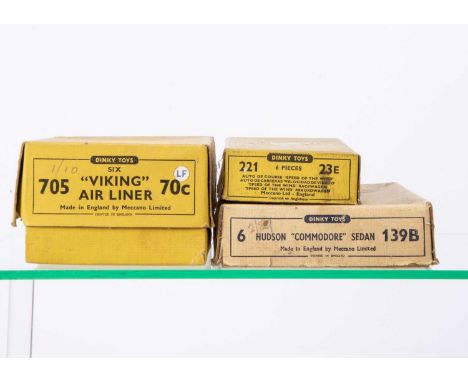Empty Dinky Toy Trade Boxes, 139b Hudson Commodore Sedan, 221/23e "Speed Of The Wind" Racing Car, 705/70c "Viking" Air Liner,