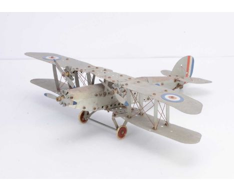 An unboxed built Meccano Airplane Constructor No 2 triple engine Bi-Plane, in silver with RAF roundels, F-G, grubby and some 