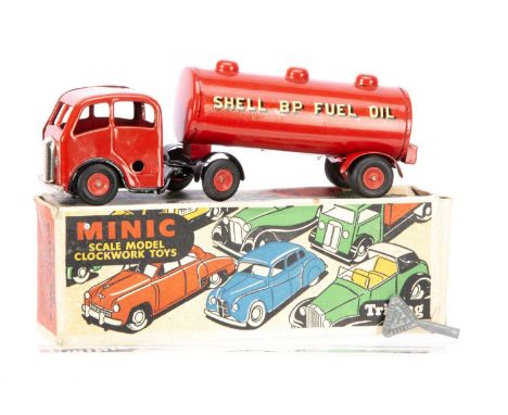 A Tri-ang Minic Tinplate Clockwork Post-War 31M Shell BP Fuel Oil Petrol Tanker, red forward control type cab, red tanker, 'S