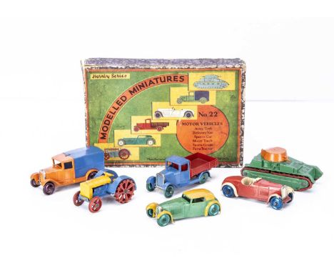 A Hornby Series (Dinky Toys) Modelled Miniatures 22 Motor Vehicles Gift Set, comprising 22a Open Sports Car, red body, cream 