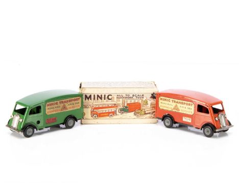 Tri-ang Minic Tinplate Post-War 103M Shutter Vans, two examples, first green body, clockwork motor, diecast wheels, in origin