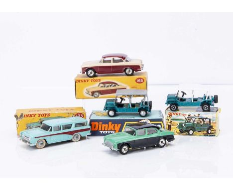 Dinky Toys 165 Humber Hawk, maroon/cream body, spun hubs, 173 Nash Rambler, turquoise body, red flash, grey ridged hubs, 342 
