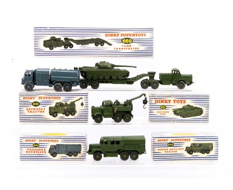 Military Dinky Toys In Blue Striped Boxes, 660 Tank Transporter, 651 Centurion Tank, 689 Medium Artillery Tractor, 642 Pressu