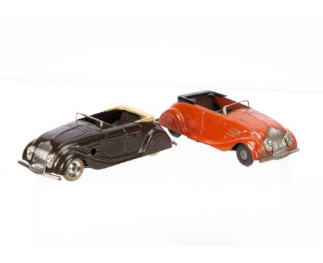 A Pair Of Tri-ang Minic Tinplate Clockwork 14M Streamline Sports Tourers, first example pre-war, brown body, luggage rack, ti