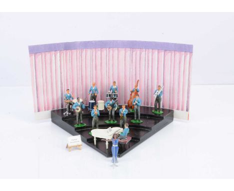 Small Dance Orchestras, standard 'Britains' 54mm scale custom 10 pce, and 11pce, dance orchestras with singers, plus accessor