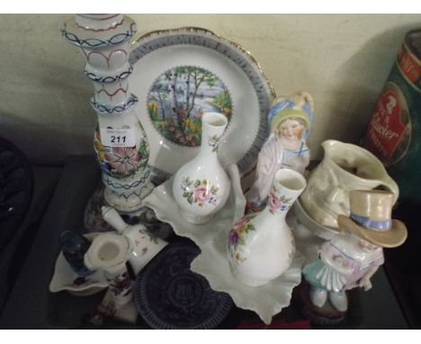 A Tray of China to Include Figural Ornaments, Candle Stick, Royal Albert Bowl, Floral Vases Etc.