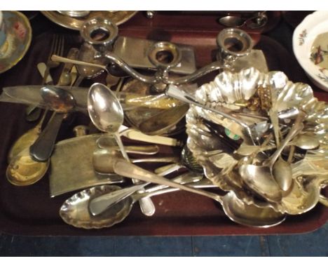 A Tray of Silver Plate to Include Cigarette Cases, Flat Ware, Candle Stick, Hip Flask.