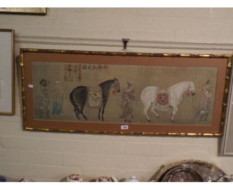 A Framed Oriental Print Depicting Horses.
