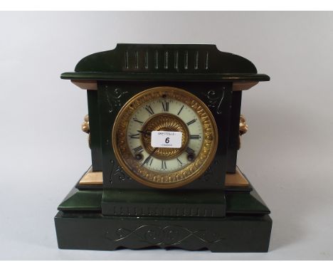 An American Green Enamelled Mantle Clock with Lion Mask Handles by The Ansonia Clock Company New York.  