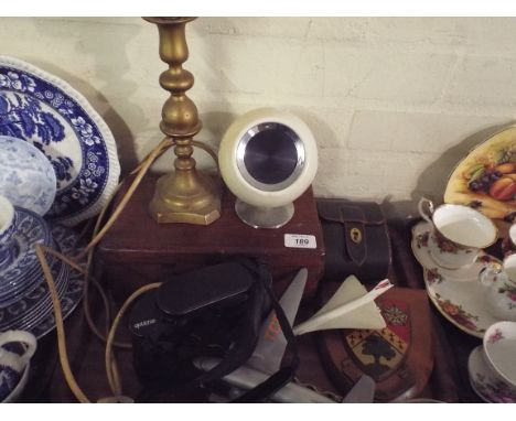 A Tray Containing Mixed Items Including Wooden Work Box, Binoculars, Concord and Dakota Models, Table Lamp Etc.