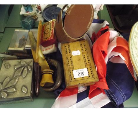 A Tray Containing Mixed Items Including Union Jacks, Metal Box, Playing Cards, Cribbage Board. 