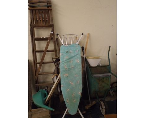 A Collection of Garden Tools, Wheel Barrow, Ironing Board, Step Ladder.