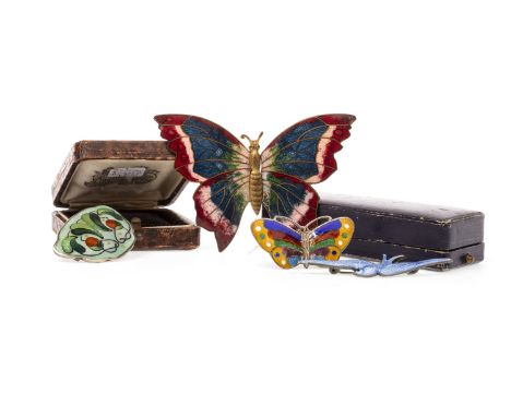 ENAMELLED BUTTERFLY BELT BUCKLE, 90mm wide; along with a blue enamel bird brooch in sterling silver, a butterfly brooch marke