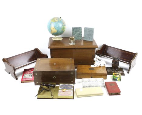 An assortment of collectables. Including two wooden boxes, a carved owl inkwell, bookends, pair of Edwardian  boxwood inlaid 