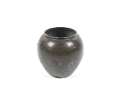 A German WMF Ikora patinated metal vase. With painted vine decoration, stamped mark to the base, H9cm