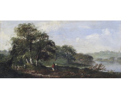 Manner of John Constable, early 19 th century , oil on canvas. Figures by a rural lake, 20.8 x 40.5 cm in a later gilt frame 