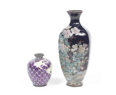 Two late 19th/early 20th century Japanese cloisonne enamel vases. The first of hexagonal baluster shape decorated with polych