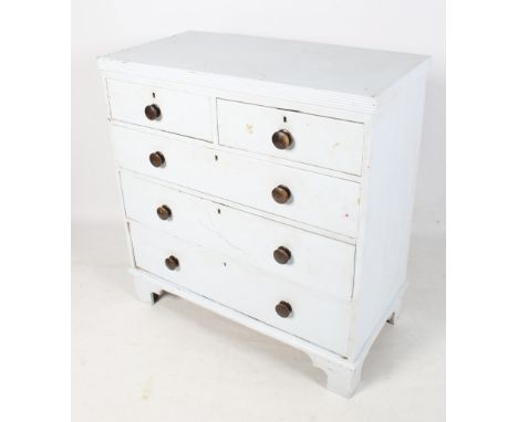 An early-mid 19th century pine chest of drawers. Painted Robin egg blue, two short over three long drawers, raised on bracket