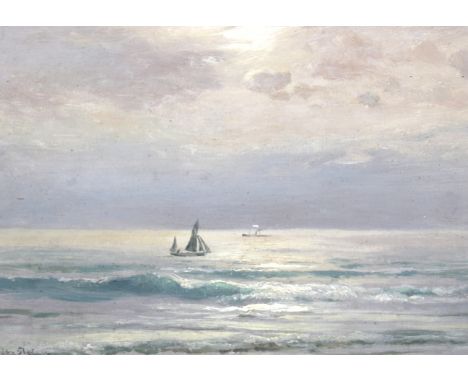 F Golden Short, oil on board. Seascape with boats, signed lower left. 17cm x 12cm. Framed.
