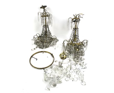 Three vintage chandeliers. Comprising a pair with brass frames and droplets and a single ceiling chandelier (disassembled) Ma